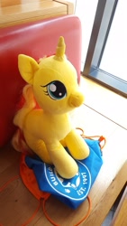 Size: 1152x2048 | Tagged: safe, sunset shimmer, pony, unicorn, g4, backpack, build-a-bear, five guys, food, irl, photo, plushie, solo