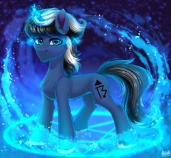 Size: 4096x3779 | Tagged: safe, artist:hakaina, oc, oc only, pony, unicorn, abstract background, blue background, blue eyes, fluffy, glowing, glowing horn, hair, horn, looking at you, magic, male, slender, solo, tail, thin