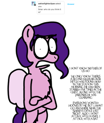 Size: 1808x2146 | Tagged: safe, artist:professorventurer, pipp petals, pegasus, pony, series:ask pippamena, g5, my little pony: a new generation, bipedal, crossed arms, hair, implied death, implied hitch trailblazer, implied murder, looking at you, mystery, open mouth, simple background, tail, text, white background, wings