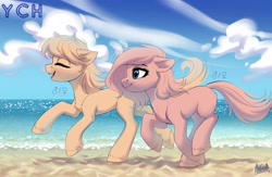 Size: 2560x1664 | Tagged: safe, artist:hakaina, earth pony, pony, cloud, commission, duo, eyes closed, fluffy, hair, ocean, open mouth, sand, slender, smiling, tail, thin, water, your character here