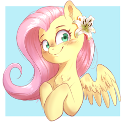 Size: 1120x1080 | Tagged: safe, artist:gloomydinosaur, fluttershy, pegasus, pony, g4, aside glance, blue background, blushing, bust, chest fluff, cute, ear fluff, female, flower, flower in hair, hair, head tilt, hooves to the chest, looking at you, mare, passepartout, pink hair, portrait, shyabetes, simple background, smiling, solo, spread wings, three quarter view, wings