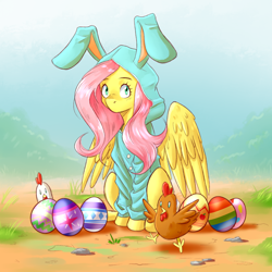 Size: 1280x1280 | Tagged: safe, artist:gloomydinosaur, fluttershy, bird, chicken, pegasus, pony, animal costume, aside glance, bunny costume, bunny hood, bunnyshy, clothes, costume, easter, easter egg, egg, female, holiday, looking at you, mare, outdoors, partially open wings, sitting, solo, three quarter view, wings