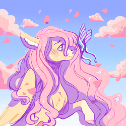 Size: 2000x2000 | Tagged: safe, artist:orphicswanart, fluttershy, butterfly, pegasus, pony, butterfly on nose, chest fluff, cloud, dragontail butterfly, ear fluff, female, flower petals, insect on nose, looking at something, mare, partially open wings, profile, raised hoof, sky, sky background, solo, wings