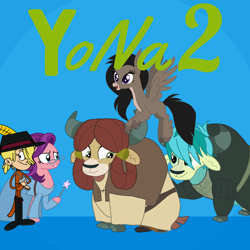 Size: 1080x1080 | Tagged: safe, artist:chanyhuman, derpibooru exclusive, sandbar, silverstream, spoiled rich, yona, earth pony, hippogriff, human, pony, yak, g4, blue background, clothes, cloven hooves, cosplay, costume, crossover, description is relevant, donkey (shrek), dreamworks, fairy godmother, female, makeup, male, nikki (the loud house), princess fiona, puss in boots, reference, ship:yonabar, shipping, shrek, shrek (character), shrek 2, simple background, spoiled milk, straight, the casagrandes, the loud house, yak sandbar