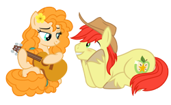 Size: 2670x1646 | Tagged: safe, artist:third uncle, bright mac, pear butter, earth pony, pony, g4, the perfect pear, cowboy hat, eye contact, female, guitar, hat, husband and wife, looking at each other, looking at someone, male, mare, musical instrument, playing instrument, ship:brightbutter, shipping, simple background, stallion, straight, transparent background