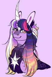 Size: 1280x1874 | Tagged: safe, artist:malinraf1615, twilight sparkle, alicorn, pony, g4, alternate design, alternate hairstyle, body markings, chest fluff, coat markings, colored ears, colored pinnae, curved horn, facial markings, female, half body, horn, looking at you, mare, markings, pink background, redesign, simple background, solo, star (coat marking), twilight sparkle (alicorn)