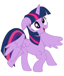 Size: 1710x2026 | Tagged: safe, artist:gmaplay, twilight sparkle, alicorn, pony, g4, princess spike, derp, female, full body, hooves, horn, mare, open mouth, open smile, partially open wings, simple background, smiling, solo, standing on two hooves, transparent background, twilight sparkle (alicorn), wings