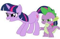 Size: 1985x1291 | Tagged: safe, artist:gmaplay, spike, twilight sparkle, dragon, pony, unicorn, g4, duo, duo male and female, evil smile, female, grin, hooves, horn, male, mare, narrowed eyes, simple background, smiling, standing, transparent background, unicorn twilight