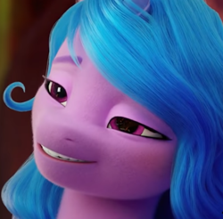 Size: 674x664 | Tagged: safe, screencap, izzy moonbow, pony, unicorn, g5, my little pony: a new generation, spoiler:my little pony: a new generation, bedroom eyes, cropped, faic, female, great moments in animation, mare, out of context, smiling, smug, solo