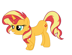 Size: 2111x1623 | Tagged: safe, artist:gmaplay, sunset shimmer, pony, unicorn, g4, female, full body, grin, hooves, horn, lidded eyes, mare, seductive, seductive pose, simple background, smiling, solo, standing, tail, transparent background, two toned mane, two toned tail, underhoof