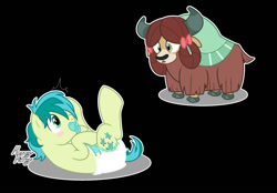 Size: 1280x889 | Tagged: safe, artist:mommymidday, sandbar, yona, earth pony, pony, yak, g4, adult foal, black background, blushing, caught, diaper, diaper fetish, duo, fetish, lying down, non-baby in diaper, on back, pacifier, show accurate, simple background