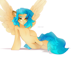 Size: 2500x2000 | Tagged: safe, artist:zlatavector, oc, oc only, oc:sarah dash, pegasus, pony, blue mane, blue tail, colored ear fluff, colored eyebrows, colored pupils, commission, ear fluff, eye clipping through hair, eyebrows, eyebrows visible through hair, female, grumpy, high res, looking at you, mare, simple background, solo, spread wings, tail, white background, wings, yellow coat