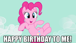 Size: 1920x1080 | Tagged: safe, edit, edited screencap, editor:twilyisbestpone, screencap, pinkie pie, earth pony, pony, g4, season 1, the best night ever, caption, cute, diapinkes, female, happy, happy birthday, image macro, mare, open mouth, open smile, outdoors, pinkie pie's birthday, sky, smiling, solo, text