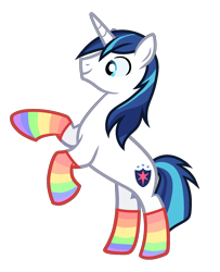 Size: 1703x2100 | Tagged: safe, artist:idkhesoff, artist:tominokurra, derpibooru exclusive, shining armor, pony, unicorn, canterlot wedding 10th anniversary, g4, base used, clothes, cute, full body, horn, male, rainbow socks, raised hoof, rearing, simple background, smiling, socks, solo, stallion, striped socks, transparent background