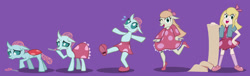 Size: 1920x585 | Tagged: safe, artist:magerblutooth, ocellus, changedling, changeling, human, g4, changedling to human, clothes, commission, curtsey, cute, diaocelles, dress, female, hand on hip, humanized, jacket, natural hair color, ocelia, scissors, shoes, skirt, sweat, transformation, transformation sequence, wobbling
