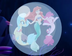 Size: 934x720 | Tagged: safe, artist:carlosuriel13, pinkie pie, princess skystar, earth pony, mermaid, pony, sea pony, seapony (g4), g4, my little pony: the movie, ariel, bra, bubble, clothes, crossover, disney, disney princess, eyes closed, fin wings, fins, fish tail, in bubble, jewelry, looking at you, mermaid tail, necklace, open mouth, pinkie pie trapped in a bubble, raised hooves, sea ponies, seaquestria, seashell bra, tail, the little mermaid, underwater, wings