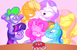 Size: 5580x3660 | Tagged: safe, artist:iceflower99, applejack, fluttershy, pinkie pie, rainbow dash, rarity, spike, twilight sparkle, dragon, g4, birthday, birthday cake, cake, doodle, food, mane seven, mane six, sketch, video at source, video in description, winged spike, wings