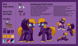 Size: 1920x1147 | Tagged: safe, artist:alexdti, oc, oc only, oc:purple creativity, pegasus, pony, chest fluff, clothes, dress, female, floppy ears, flying, folded wings, glasses, grin, hooves, lidded eyes, lying down, mare, open mouth, open smile, partially open wings, pegasus oc, prone, raised hoof, reference sheet, smiling, solo, spread wings, standing, standing on two hooves, text, transgender, transgender oc, unshorn fetlocks, wings