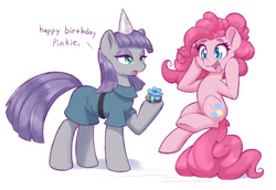 Size: 1280x881 | Tagged: safe, artist:dstears, maud pie, pinkie pie, earth pony, pony, g4, birthday, clothes, cute, diapinkes, dress, duo, female, happy, hat, mare, open mouth, open smile, party hat, pie sisters, rock, siblings, simple background, sisters, smiling, sparkly eyes, tail, tail stand, white background, wingding eyes