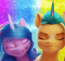 Size: 600x565 | Tagged: safe, artist:jonny burton, screencap, hitch trailblazer, izzy moonbow, pipp petals, sunny starscout, earth pony, pegasus, pony, unicorn, g5, my little pony: a new generation, spoiler:my little pony: a new generation, animated, cropped, disguise, duo focus, fake horn, female, fit right in (g5), gif, male, mare, nodding, offscreen character, smiling, stallion