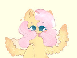 Size: 2048x1536 | Tagged: safe, artist:roseyjin, fluttershy, pegasus, pony, g4, cute, eye clipping through hair, female, fluffy, heart, mare, shyabetes, simple background, solo, yellow background