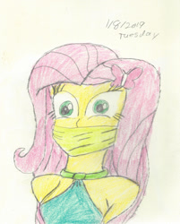 Size: 1280x1591 | Tagged: safe, artist:bluesplendont, fluttershy, human, equestria girls, g4, bust, cloth gag, gag, scared, shocked, shocked expression, solo, surprised, tied up, traditional art, worried