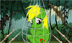 Size: 940x563 | Tagged: safe, artist:ds59, oc, oc:jungle heart, earth pony, pony, booby trap, captured, jungle, looking down, male, net, sad, scared, spear, trap (device), trapped, upset, weapon, worried