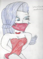 Size: 1280x1761 | Tagged: safe, artist:bluesplendont, rarity, human, equestria girls, g4, bondage, bound and gagged, breasts, cloth gag, clothes, dress, female, gag, looking down, sad, sleeveless, solo, tied up, traditional art, worried