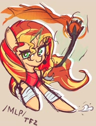 Size: 2680x3508 | Tagged: safe, artist:solid shrimp, sunset shimmer, pony, unicorn, g4, /mlp/ tf2 general, fire, high res, mace, magic, scout (tf2), solo, sun-on-a-stick, team fortress 2, telekinesis, weapon