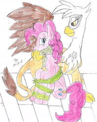 Size: 1700x2141 | Tagged: safe, artist:godzilla713, gilda, pinkie pie, earth pony, griffon, pony, g4, bondage, cloth gag, duo, evil grin, female, gag, grin, kidnapped, looking at each other, looking at someone, rope, rope bondage, smiling, tied up, traditional art
