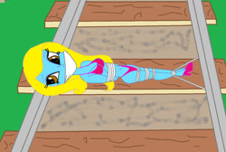 Size: 1024x690 | Tagged: safe, artist:walnutwilly, oc, oc:shine, human, equestria girls, g4, bikini, bondage, bound and gagged, cloth gag, clothes, damsel in distress, gag, help, help me, looking back, peril, rope, swimsuit, tied to tracks, tied up, train tracks