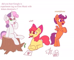 Size: 2100x1700 | Tagged: safe, artist:erynerikard, apple bloom, scootaloo, sweetie belle, earth pony, pegasus, pony, unicorn, g4, cutie mark crusaders, dialogue, google experimenting on elon musk with kitten chemicals, meme, mouth hold, pencil, ponymagnets, trio, wat