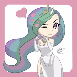 Size: 4000x4000 | Tagged: safe, artist:nlhetfield, princess celestia, human, g4, abstract background, chibi, clothes, cute, dress, evening gloves, female, gloves, heart hands, horn, horned humanization, humanized, long gloves, one eye closed, side slit, simple background, solo, wink