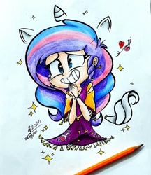 Size: 886x1024 | Tagged: artist needed, source needed, safe, potion nova, human, g4.5, my little pony: pony life, 2020, bean mouth, clothes, cute, dress, female, heart, heart eyes, humanized, novabetes, pencil, potion, simple background, smiling, solo, traditional art, white background, wingding eyes