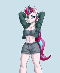 Size: 1400x1700 | Tagged: safe, artist:zachc, zipp storm, pegasus, anthro, g5, abs, arm behind head, clothes, denim shorts, female, jacket, muscles, ripped zipp, shorts, solo, tank top