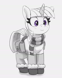 Size: 1906x2384 | Tagged: safe, artist:pabbley, twilight sparkle, pony, unicorn, g4, bag, boots, clothes, cute, female, gray background, mare, partial color, saddle bag, scarf, shoes, simple background, smiling, solo, striped scarf, twiabetes