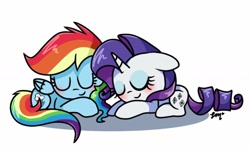 Size: 1024x616 | Tagged: source needed, safe, artist:silver meadow, rainbow dash, rarity, pegasus, pony, unicorn, g4, cute, dashabetes, eyes closed, female, lesbian, mare, raribetes, ship:raridash, shipping, simple background, sleeping, smiling, white background