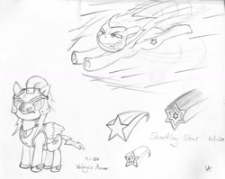Size: 1600x1275 | Tagged: safe, artist:underwoodart, oc, oc:shooting star, pegasus, pony, flight of the valkyrie, the tale of two sisters, armor, concept art, cutie mark, female, mare, pegasus oc, pencil drawing, simple background, sketch, sonic rainboom, traditional art, white background