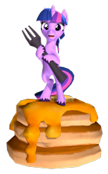 Size: 1000x1600 | Tagged: safe, artist:owlpirate, twilight sparkle, alicorn, pony, g4, 3d, bipedal, cute, female, food, fork, giant food, i'm pancake, looking at you, mare, pancakes, ponies in food, simple background, smiling, smiling at you, solo, source filmmaker, transparent background, twiabetes, twilight sparkle (alicorn)