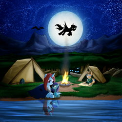 Size: 3840x3840 | Tagged: safe, artist:skijarama, oc, oc only, changeling, dragon, earth pony, pegasus, pony, unicorn, fanfic:scarlet, campfire, camping, forest, high res, moon, mountain, night, reflection, scenery, silhouette, stars, tent, water