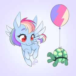 Size: 1600x1600 | Tagged: safe, artist:erkythehero23, rainbow dash, tank, pegasus, pony, tortoise, g4, balloon, colored pupils, duo, female, floating, flying, male, mare, spread wings, tankabetes, wings, wrong eye color