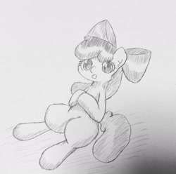 Size: 1537x1526 | Tagged: safe, artist:up_p_ab, apple bloom, earth pony, pony, g4, female, filly, foal, hooves on belly, sitting, solo, traditional art