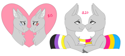 Size: 2500x1134 | Tagged: safe, artist:melodytheartpony, oc, any gender, any species, boop, commission, couple, cute, duo, flag, happy, in love, lesbian pride flag, lgbt, love is love, nonbinary pride flag, noseboop, pansexual pride flag, pride, pride flag, pride month, simple background, smiling, transgender pride flag, white background, your character here