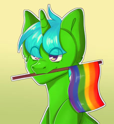 Size: 855x935 | Tagged: safe, artist:diszia, oc, oc:green byte, pony, unicorn, commission, ear fluff, eye clipping through hair, gradient background, male, mouth hold, pride flag, solo, stallion, ych result