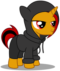 Size: 2870x3380 | Tagged: safe, artist:strategypony, oc, oc only, oc:selest light, pony, unicorn, clothes, colt, eyes closed, foal, high res, hoodie, horn, male, male oc, pony oc, red mane, red tail, shorts, simple background, stallion, stallion oc, sweater, tail, transparent background, unicorn oc