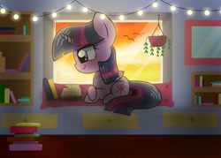 Size: 1024x733 | Tagged: source needed, safe, artist:silver meadow, twilight sparkle, alicorn, pony, g4, book, female, reading, solo, string lights, twilight sparkle (alicorn), window