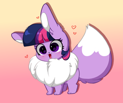 Size: 3188x2659 | Tagged: safe, artist:kittyrosie, twilight sparkle, eevee, g4, blushing, chest fluff, cute, cuteness overload, ear fluff, floating heart, gradient background, heart, high res, kittyrosie is trying to murder us, open mouth, open smile, pokefied, pokémon, simple background, smiling, solo, species swap, sweet dreams fuel, twiabetes, weapons-grade cute