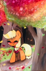 Size: 668x1024 | Tagged: safe, artist:silver meadow, applejack, earth pony, pony, g4, autumn, clothes, female, leaves, scarf, solo, tree