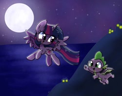 Size: 1024x805 | Tagged: safe, artist:silver meadow, spike, twilight sparkle, alicorn, dragon, pony, g4, flying, moon, night, stars, twilight sparkle (alicorn), winged spike, wings