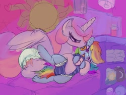 Size: 2470x1860 | Tagged: safe, artist:asdfasfasda, princess celestia, rainbow dash, alicorn, pegasus, pony, g4, adult foal, blushing, bottle, cuddling, cuddling in bed, diaper, diaper fetish, diaper package, diaper under clothes, duo, embarrassed, female, fetish, hug, in bed, licking, mare, momlestia, non-baby in diaper, nursery, onesie, personal space invasion, tongue out, wings